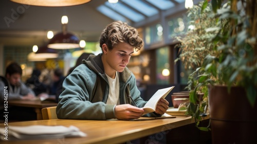 Student reading textbook in quiet study area