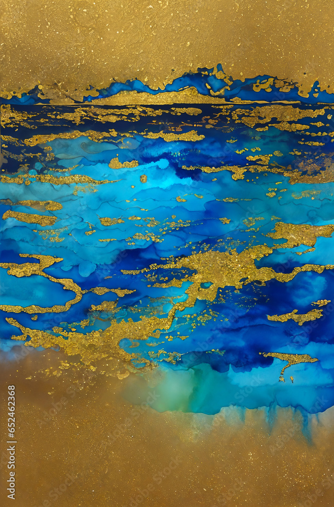 Abstract gold and azure painting background. Decorative alcohol ink painting.	