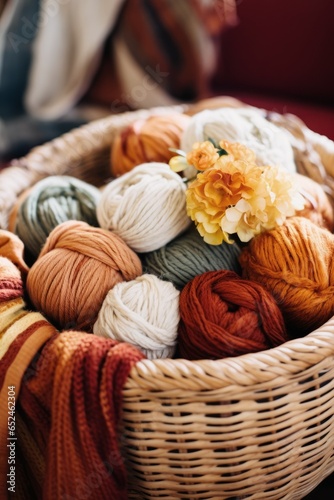 Basket full of colorful yarn wool balls