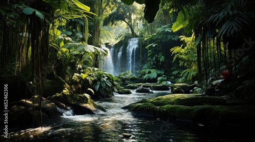 Lush tropical jungle with cascading waterfall