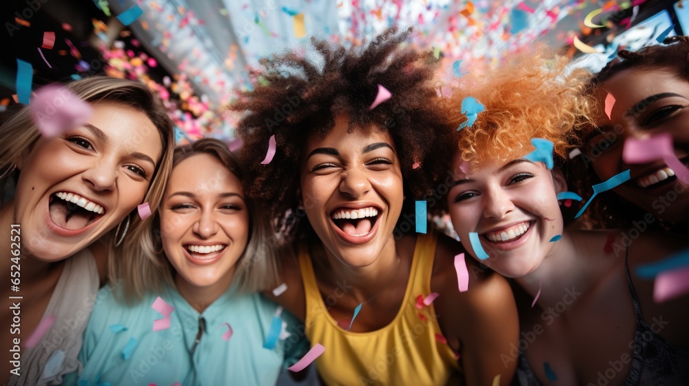 Smiling faces with party poppers and streamers Smiling faces with party poppers and streamers