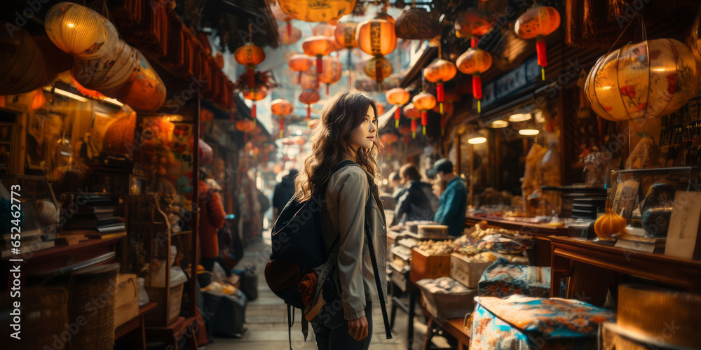 China food market street in Beijing. Chinese tourist walking in city streets on Asia vacation tourism.generative ai