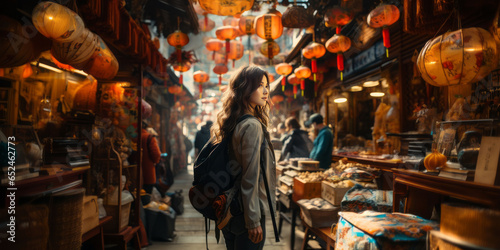 China food market street in Beijing. Chinese tourist walking in city streets on Asia vacation tourism.generative ai