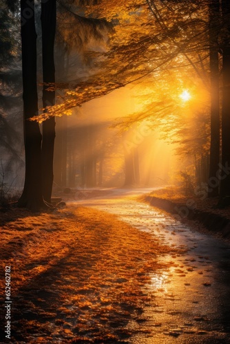 Tranquil misty autumn forest with sun rays