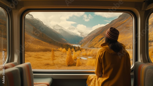 Cinematic and symmetrical beautiful shot of female traveler, travel blogger and inspired adventurer hang out of train window, look at amazing landscape of autumn mountains generative ai