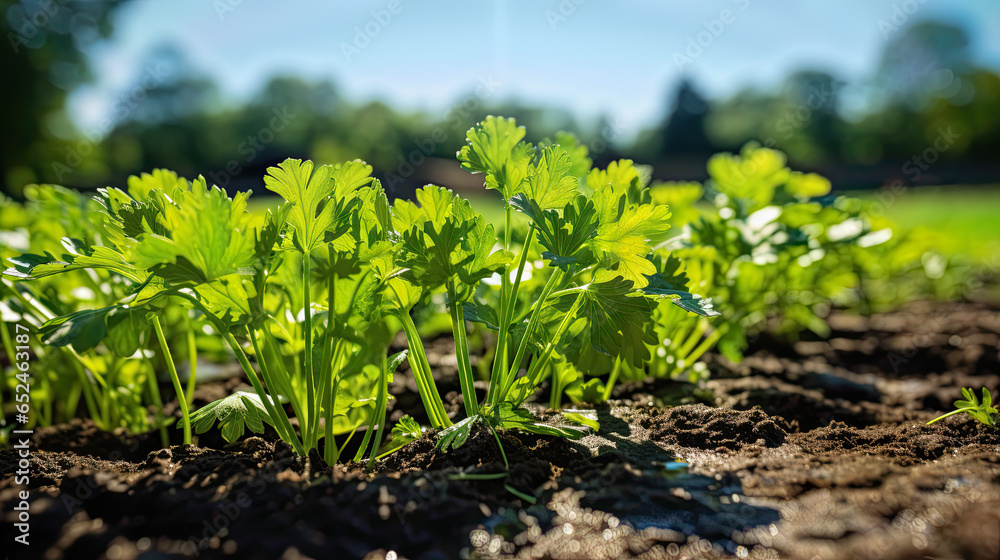 Parsley plant fields on summer day. Parsley plant fields on summer day.