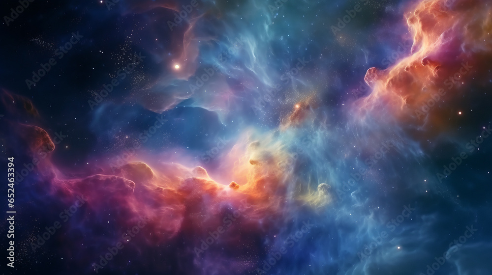 A vibrant cosmic landscape with stars and clouds