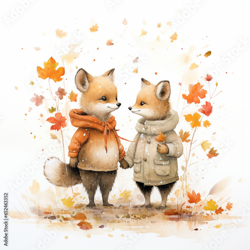 beautiful fox couple, in love in watercolors