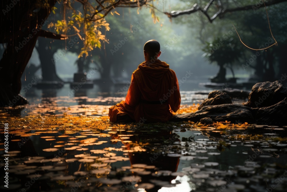 Monk meditating in serene garden at dusk, surrounded by nature., generative IA