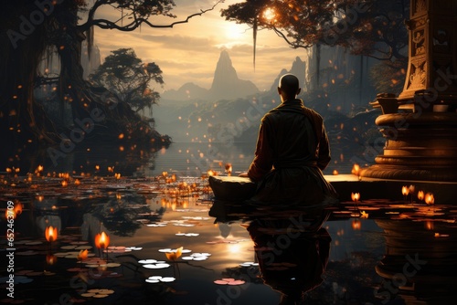 Meditating monk in serene garden by the reflective lake edge, surrounded by vibrant nature., generative IA