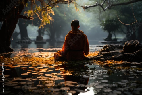 Monk meditating in serene garden at dusk, surrounded by nature., generative IA © JONATAS