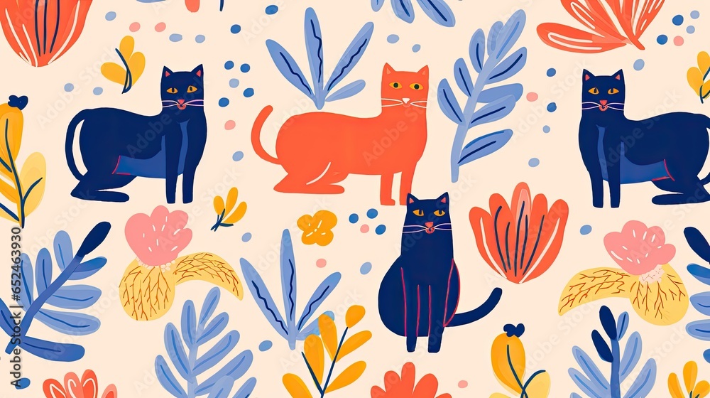 Cats with plants in a flat graphic horizontal illustration in an Abstract-themed image as a JPG. Generative ai Cats with plants in a flat graphic horizontal illustration in an Abstract-themed image as a JPG. Generative ai