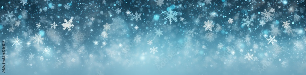 A snowy winter landscape with blue and white background