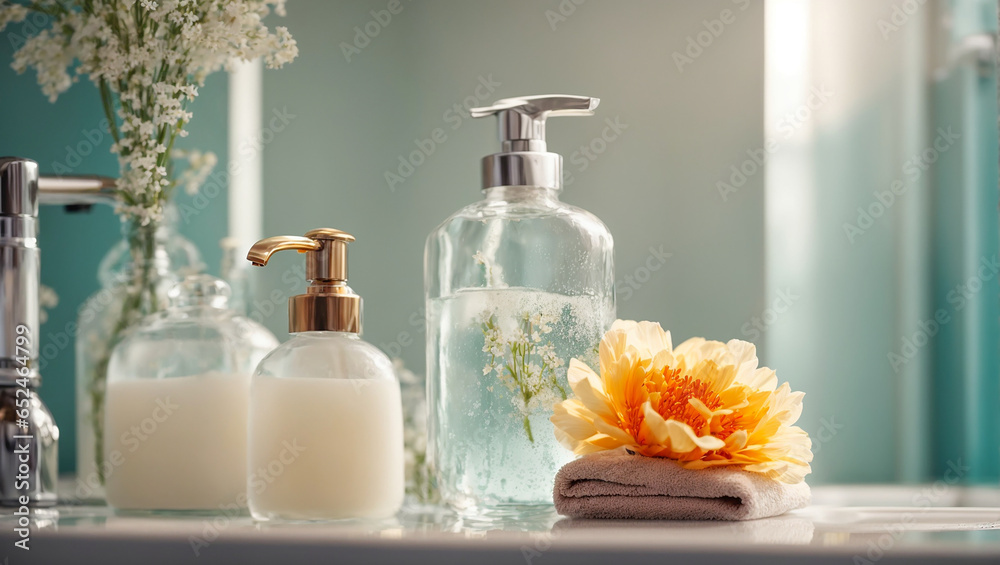 Liquid soap in a bottle, flowers, bathroom