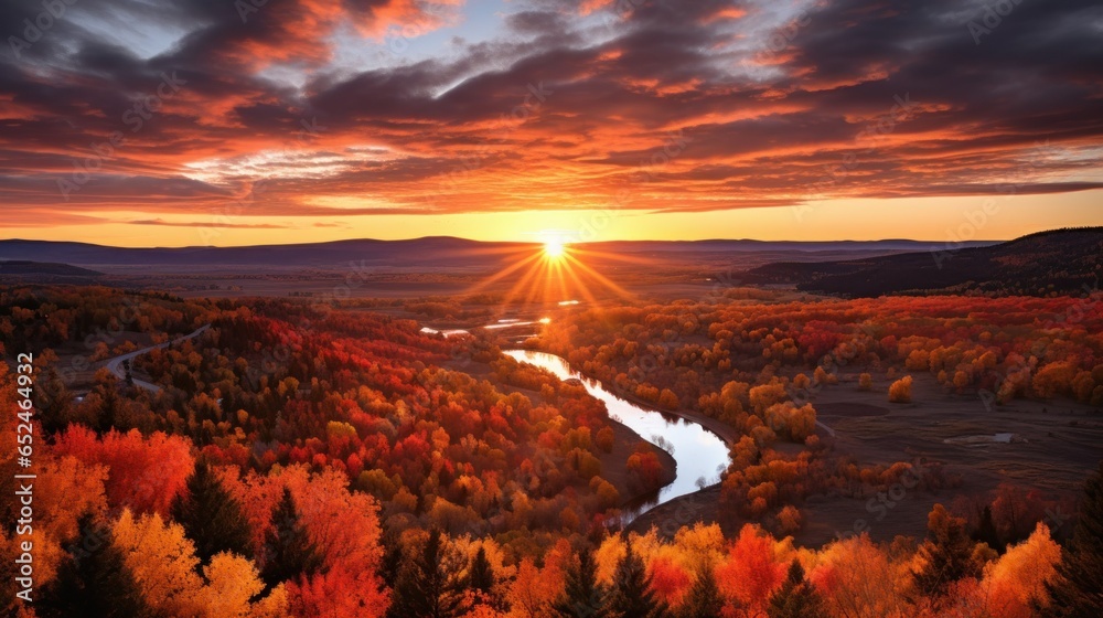 Golden Hour Over Autumn Landscape: Aerial View
