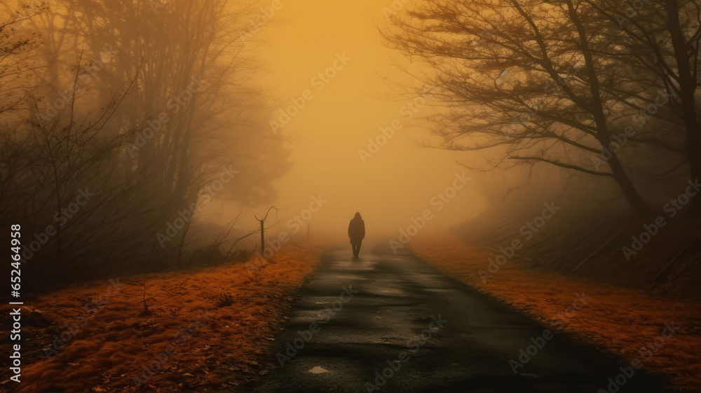 A person walk into the misty foggy road in a dramatic mystic scene with warm colors.