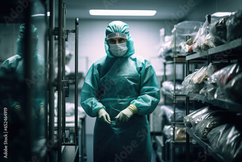 Morgue technician in full protective gear photo