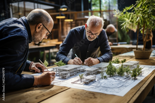 A team of architects sketching plans for a sustainable and environmentally friendly building. Concept of architectural brainstorming. Generative Ai.