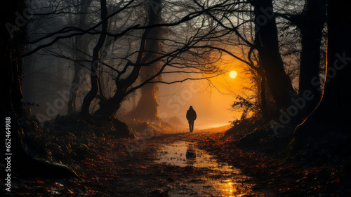A person walk into the misty foggy road in a dramatic mystic scene with warm colors. © Krisana