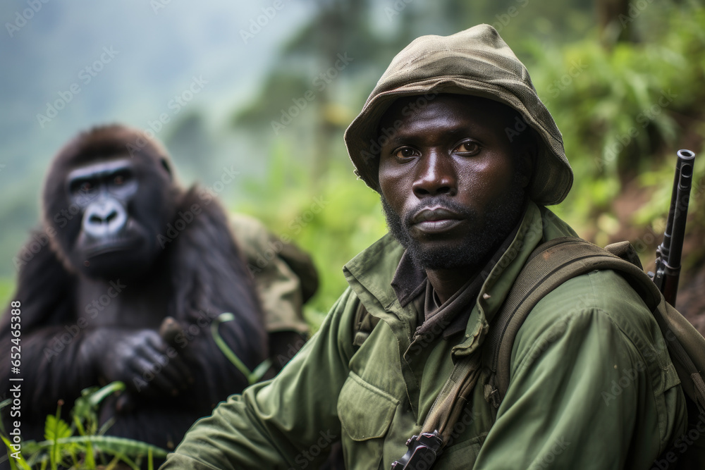 Ranger safeguarding Mountain gorilla, showcasing his commitment to their protection