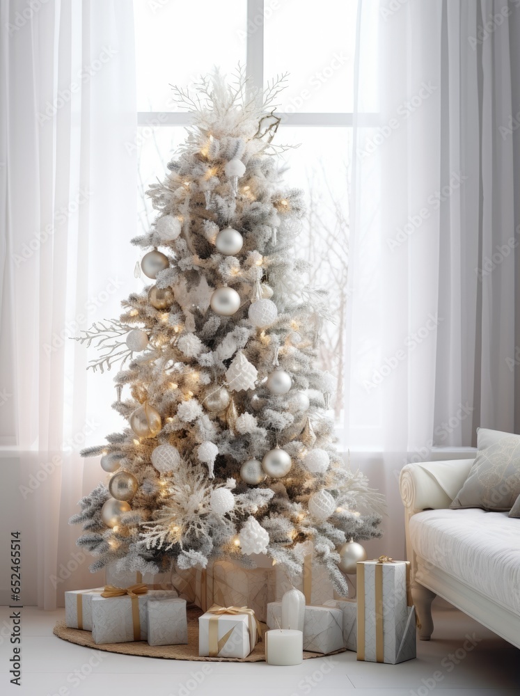 A beautifully decorated Christmas tree in a cozy living room