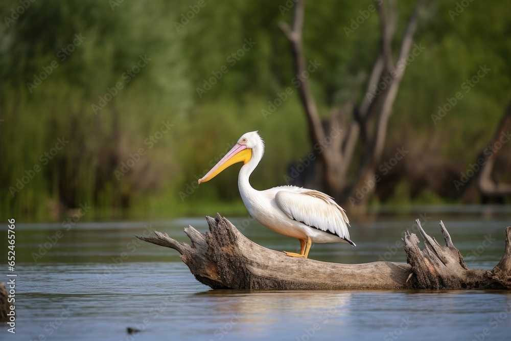 A pelican perched on a log in the water A pelican perched on a log in the water