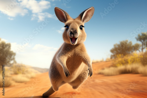 A kangaroo with a comical expression, caught mid-hop with its legs wildly outstretched. Concept of kangaroo bounce. Generative Ai.