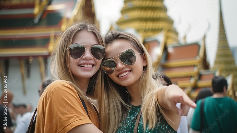 Happy young tourist women friends enjoy taking selfie together while travel in temple of the emerald buddha, Wat Phra Kaew, popular tourist place in Bangkok, Thailand,wide andel lens,generative ai