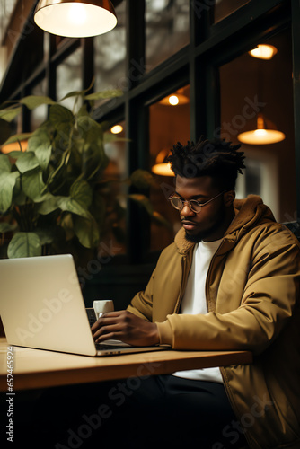 A hipster millennial man using laptop in the cafe or restaurant, working online