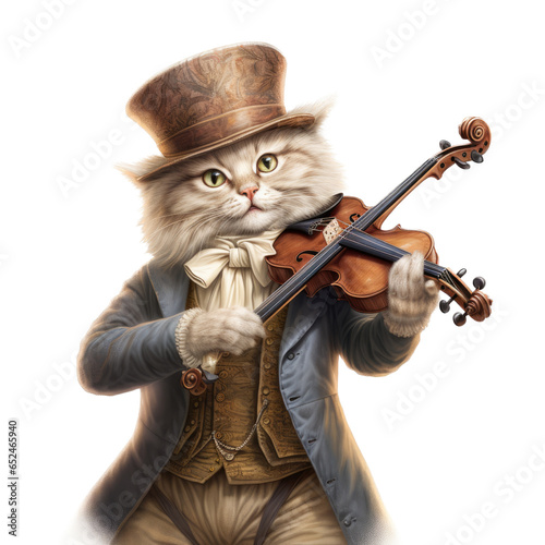 a Cat playing the fiddle, dressed in a suit in a Whimsical-themed, photorealistic illustration in a transparent PNG, cutout, and isolated. generative ai