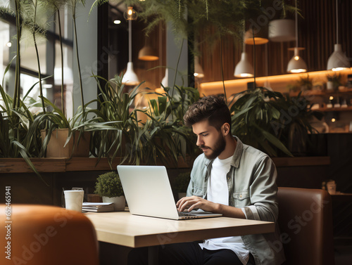A hipster millennial man using laptop in the cafe or restaurant, working online