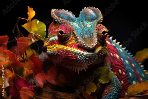 A cheeky chameleon showcasing an impressive rainbow of colors as it tries to blend in with various objects. Concept of chameleon camouflage. Generative Ai. © Sebastian