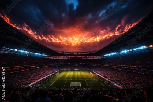 Boiling stadium with crowd and players on dusk., generative IA