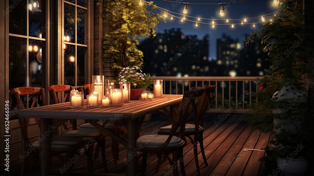 a balcony adorned with string lights and flickering candles, casting a warm and inviting glow into the night.