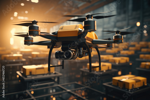 A concept of drone delivery service, showing small drones delivering packages directly to customers' doorsteps. Concept of futuristic delivery methods. Generative Ai.