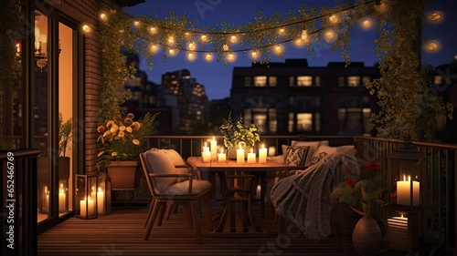 a balcony adorned with string lights and flickering candles, casting a warm and inviting glow into the night. © lililia