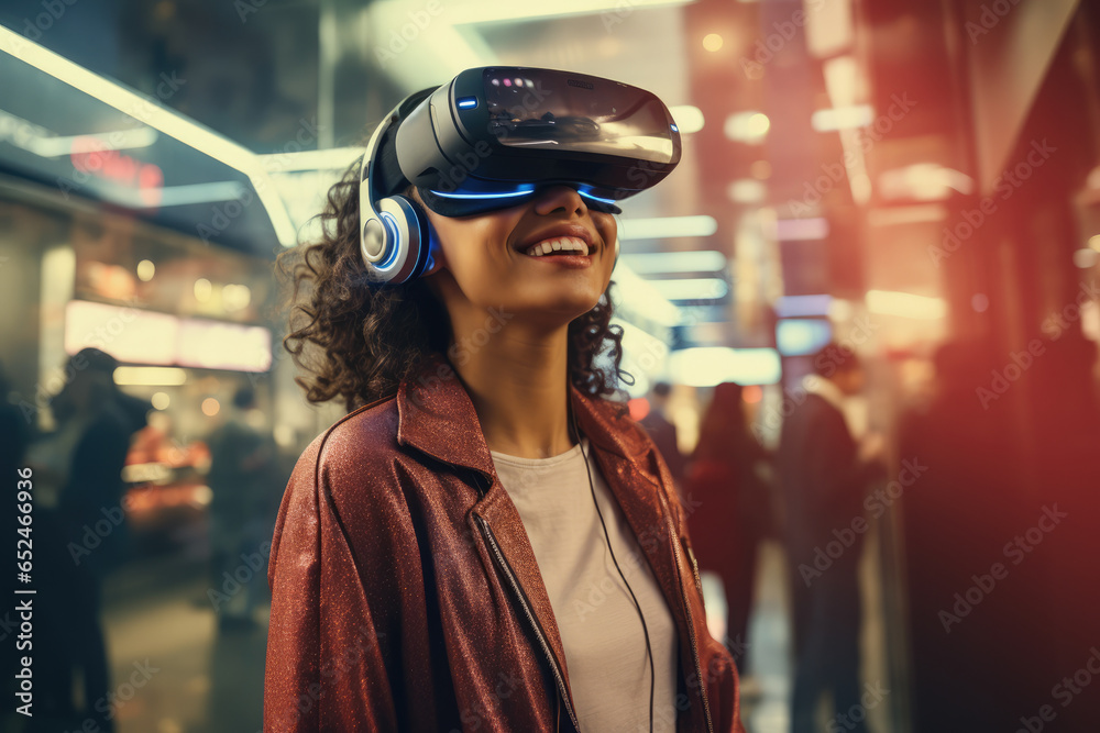 A virtual reality shopping experience where users can explore digital malls, interact with virtual sales representatives, and make purchases in a VR environment. Concept of VR malls. Generative Ai. A virtual reality shopping experience where users can explore digital malls, interact with virtual sales representatives, and make purchases in a VR environment. Concept of VR malls. Generative Ai.