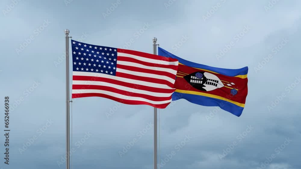 Eswatini formerly Swaziland and United State or USA flag waving together on cloudy sky, endless seamless loop, two country cooperation concept Eswatini formerly Swaziland and United State or USA flag waving together on cloudy sky, endless seamless loop, two country cooperation concept