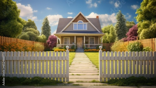 a welcoming home with a beautiful new wooden fence surrounding the house on a bright and sunny day. The exterior of your home and wood fence in all its glory.