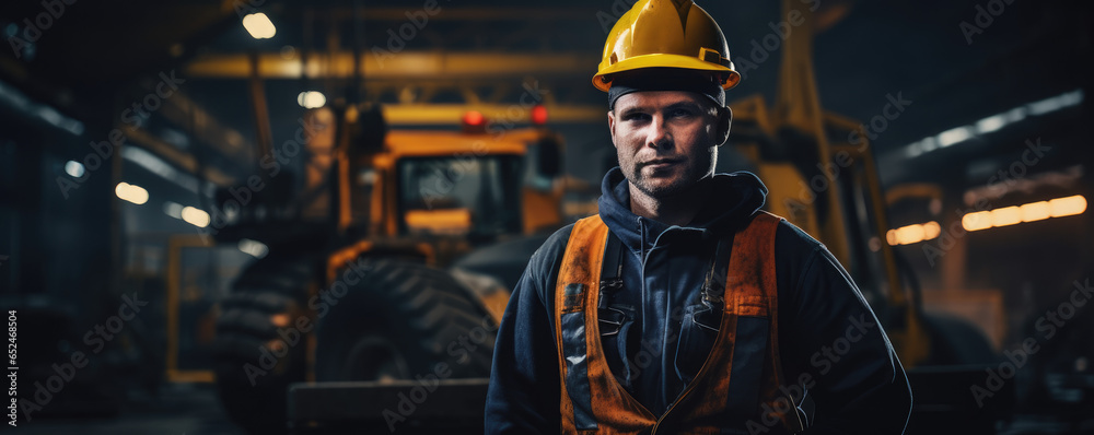 Factory worker wearing protective gear and operating heavy machinery - obrazy, fototapety, plakaty 