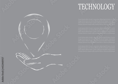 Vector illustration of a label for a card on an outstretched hand. The navigator checks the map. Map location, vector icon on gray background.
