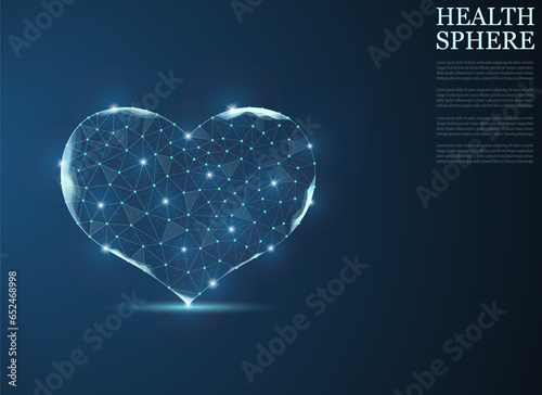 Heart, vector icon. eart and line pulse digital technology. ealthcare and medical hologram low poly wireframe. Hospital and treatment blue dark background. photo