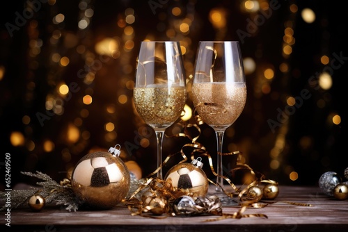Two elegant champagne glasses with golden accents and shimmering lights in the backdrop