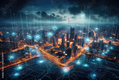 Futuristic cityscape with data streams and digital networks, symbolizing the interconnected world of IT and technology