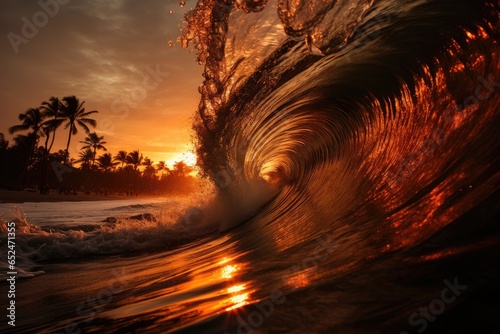 Surfer dominates epic wave under the golden sun, Palmeiras in the background., generative IA photo