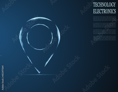 Vector illustration of a label for a map, made up of a technological grid and dots.Navigator pin checking map. Map location, vector icon on dark blue background.