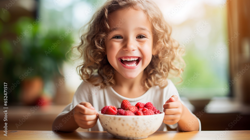 Smiling adorable child having breakfast eating oatmeal porridge with berries.ai generative