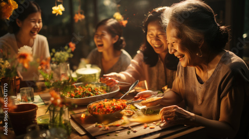 Happy Thanksgiving Day  Group of asian women having dinner together at night.