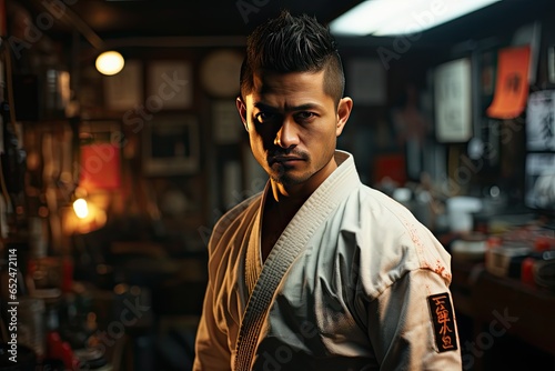 Karate fighter focused on trophy -filled dojo., generative IA © Gabriel