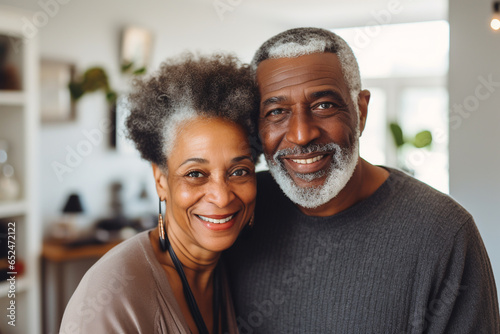 Happy family, Portrait black elderly senior couple smiling at home, man with his wife at home, enjoying together. ai generative